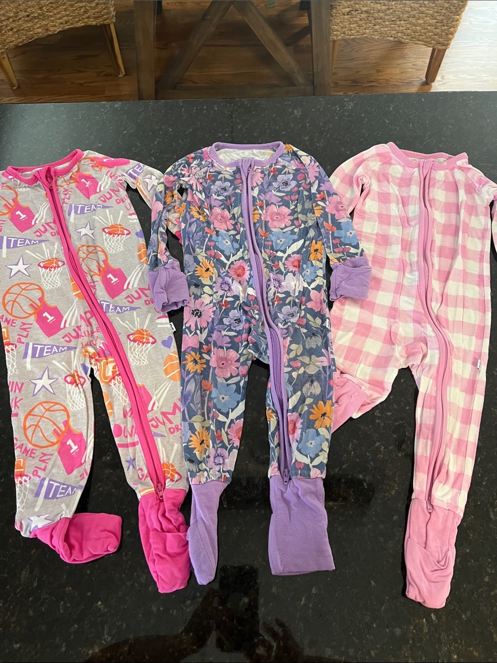 Little Sleepies Pink, Purple & Gray Floral & Plaid 3-Pack Footed One-Pieces